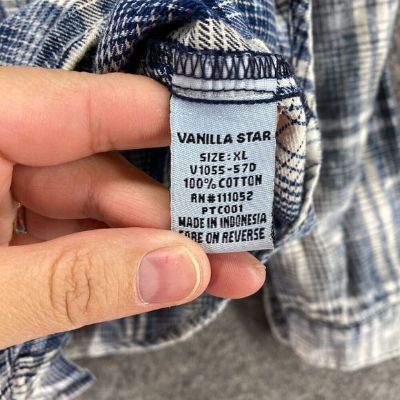 Vanilla Star Shirt Women XL Blue Plaid Button Up Collared Long Sleeve Pockets - Picture 7 of 10